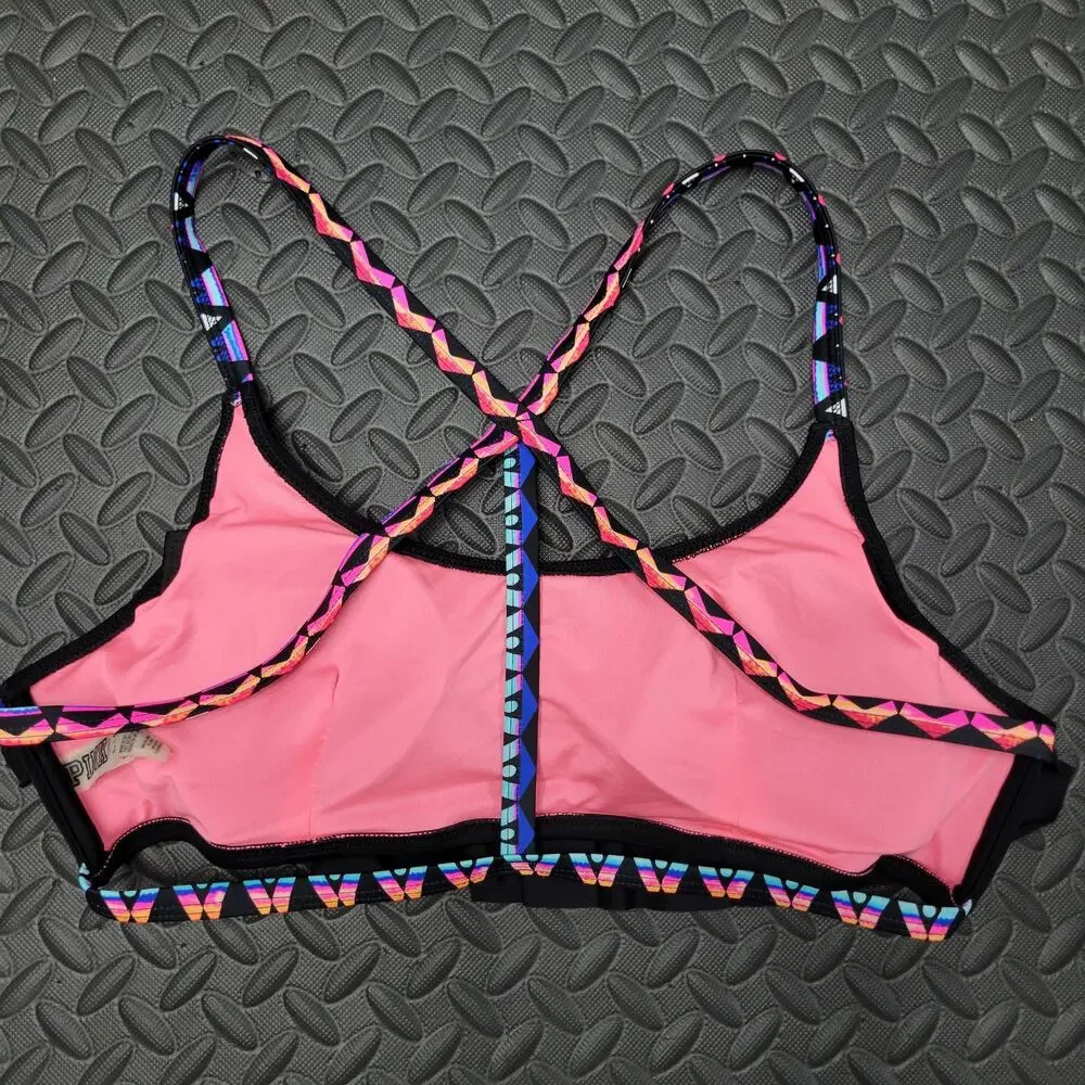 Victoria’s Secret PINK Bikini Top Large Black Strappy Back Multicolor Swim